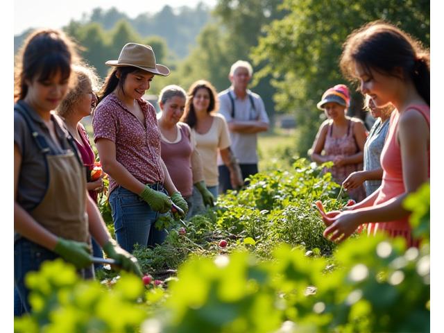 Diverse group of community members of all ages tending to a vibrant community garden plot.