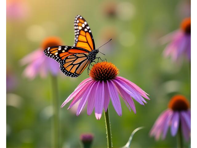 Vibrant monarch butterfly on a purple coneflower in a native wildflower meadow.