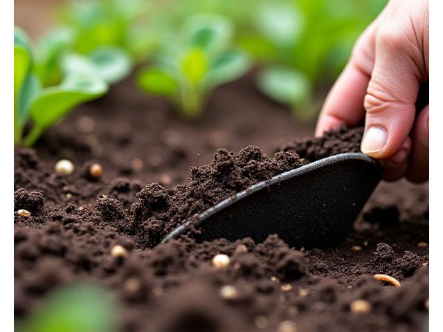 Hands turning rich compost with garden tools in a raised bed.