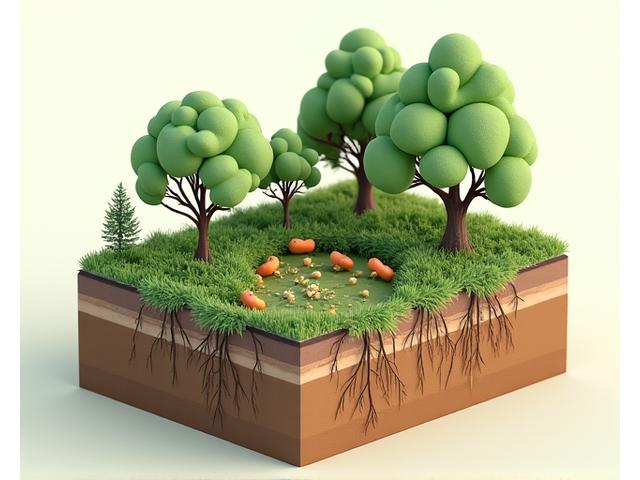 Illustration of a stacked food forest with different plant layers (trees, shrubs, groundcovers, roots).