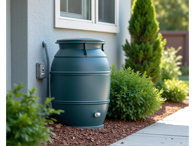 Rain barrel collecting water from a downspout, surrounded by lush, drought-tolerant plants.