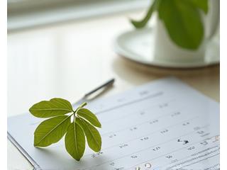 A calendar showing marked dates, with a gentle green leaf turning, symbolizing time for changes and natural cycles.