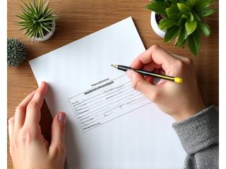 A person's hands filling out a registration form with a pen, surrounded by lush green plant specimens, suggesting an easy yet detailed process.