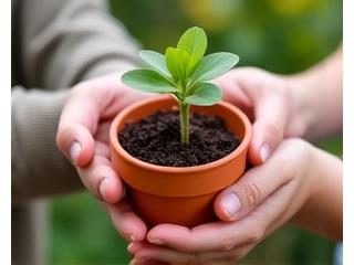 Two hands, one adult, one child, nurturing a young plant in a pot, symbolizing growth, partnership, and clear guidelines.