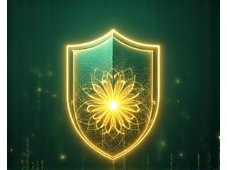 A stylized digital shield icon protecting delicate flowers and glowing data streams, representing secure and respectful data handling.