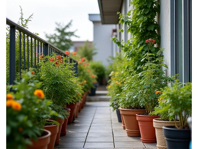 Cozy apartment balcony with various colorful container plants and a small growing bench