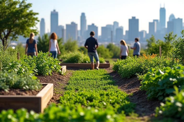 Expansive community rooftop garden with raised beds, irrigation system, and city skyline view