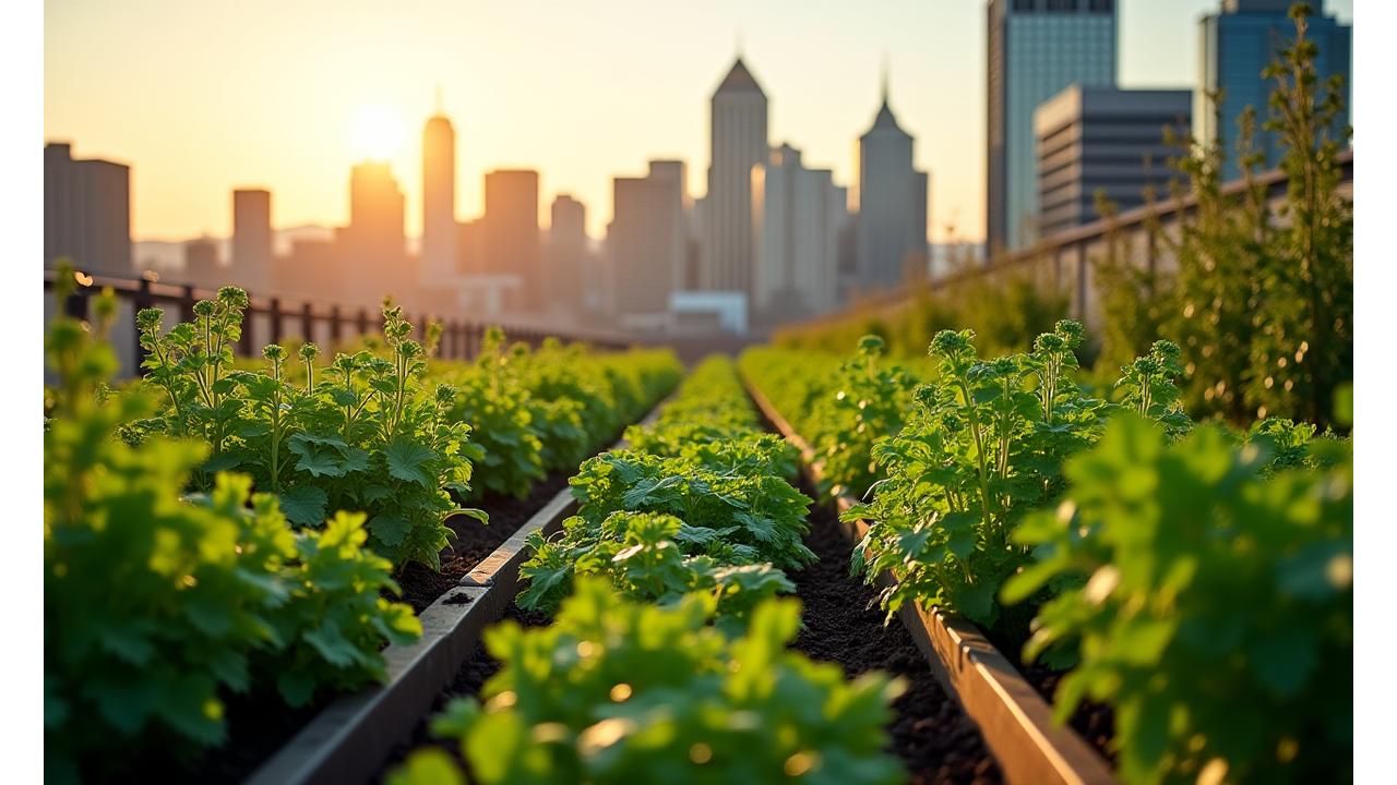 Vibrant rooftop garden in Kansas City with diverse plants and city skyline in background
