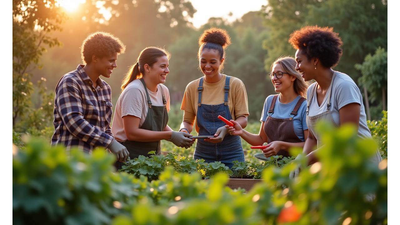 Diverse group of people of varying ages happily tending to a community garden bed, laughing and sharing tools