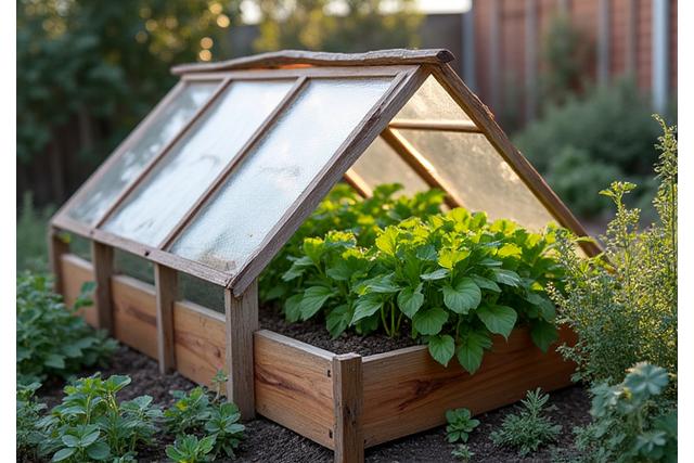 Small wooden cold frame protecting young plants in an urban backyard garden during cooler weather